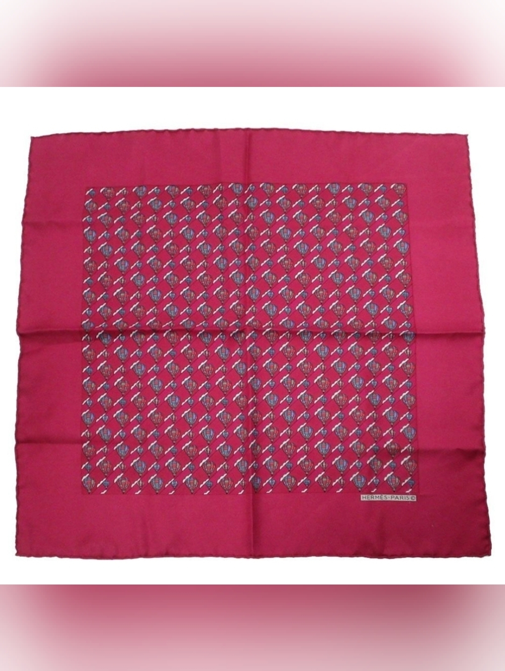 Hermes ✨Red Pink Silk Pocket Square with Geometric Motif- EUC